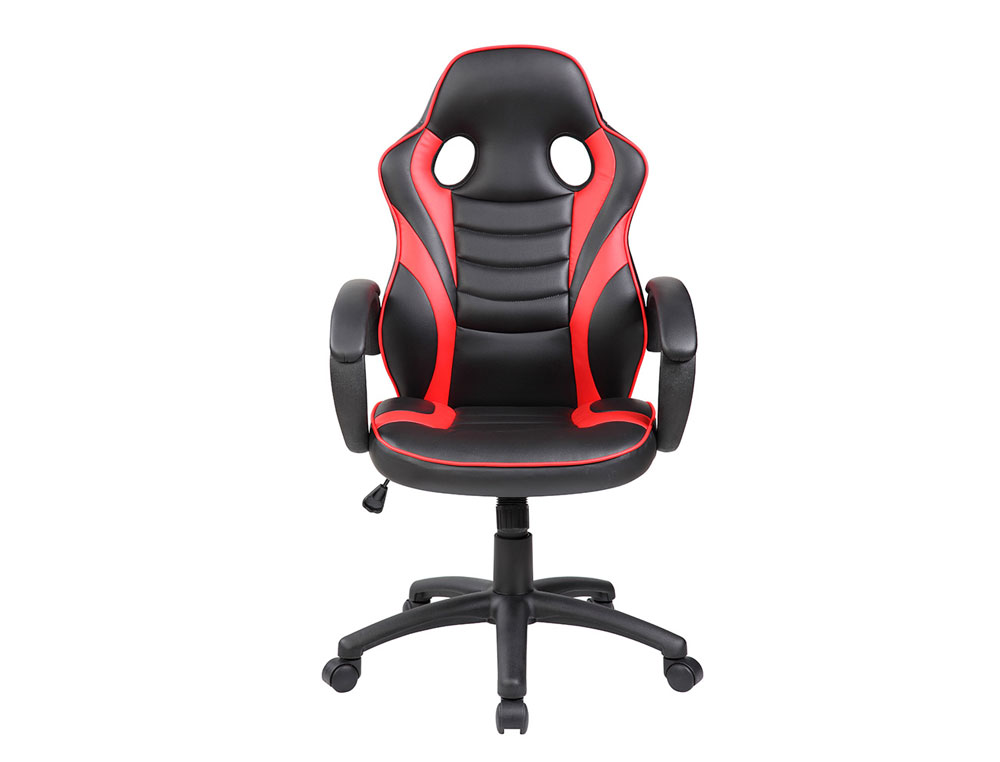 SILLA ROCADA GAMING CON BRAZOS FIJOS BASE NYLON CON RUEDAS BASCULANTE SIMILPIEL NEGRO/ROJO 480X490X1060-1160