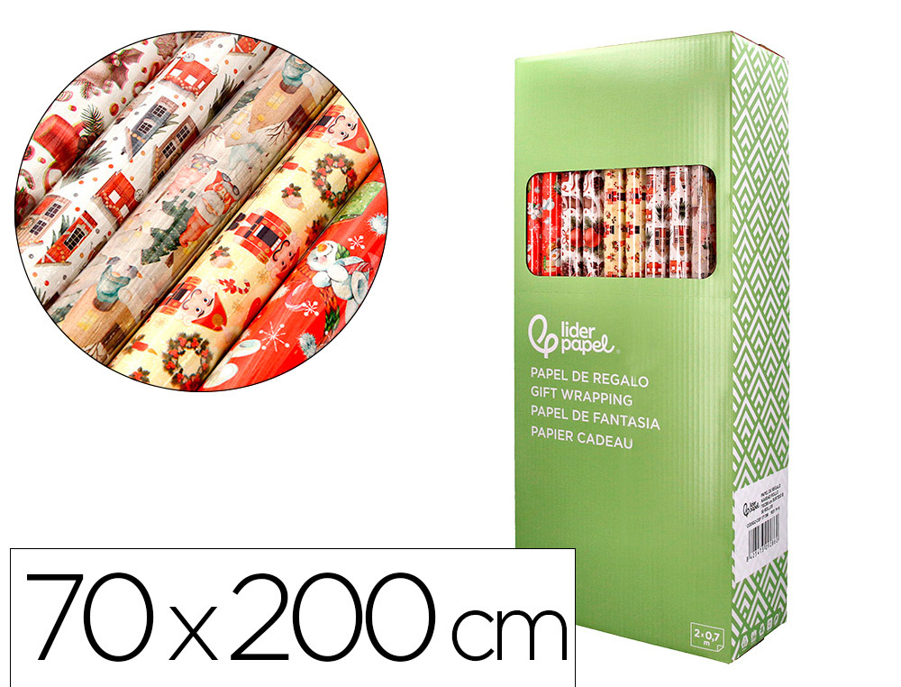 PAPEL DE REGALO LIDERPAPEL NAVIDAD ROLLO ANCHO 70 CM LONGITUD 2 MT GRAMAJE 60 GR DISEOS SURTIDOS B-2024