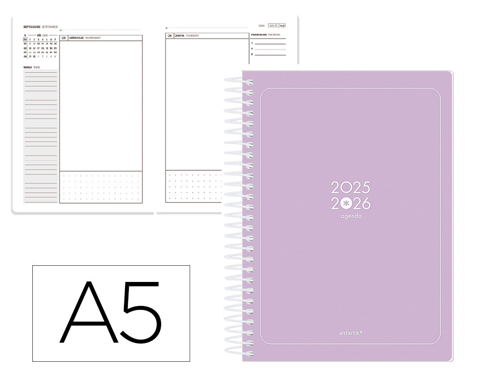 AGENDA ESCOLAR ANTARTIK 25-26 ESPIRAL ESSENTIALS MORADO DIA PAGINA A5 BILINGE PAPEL FSC 80 GR