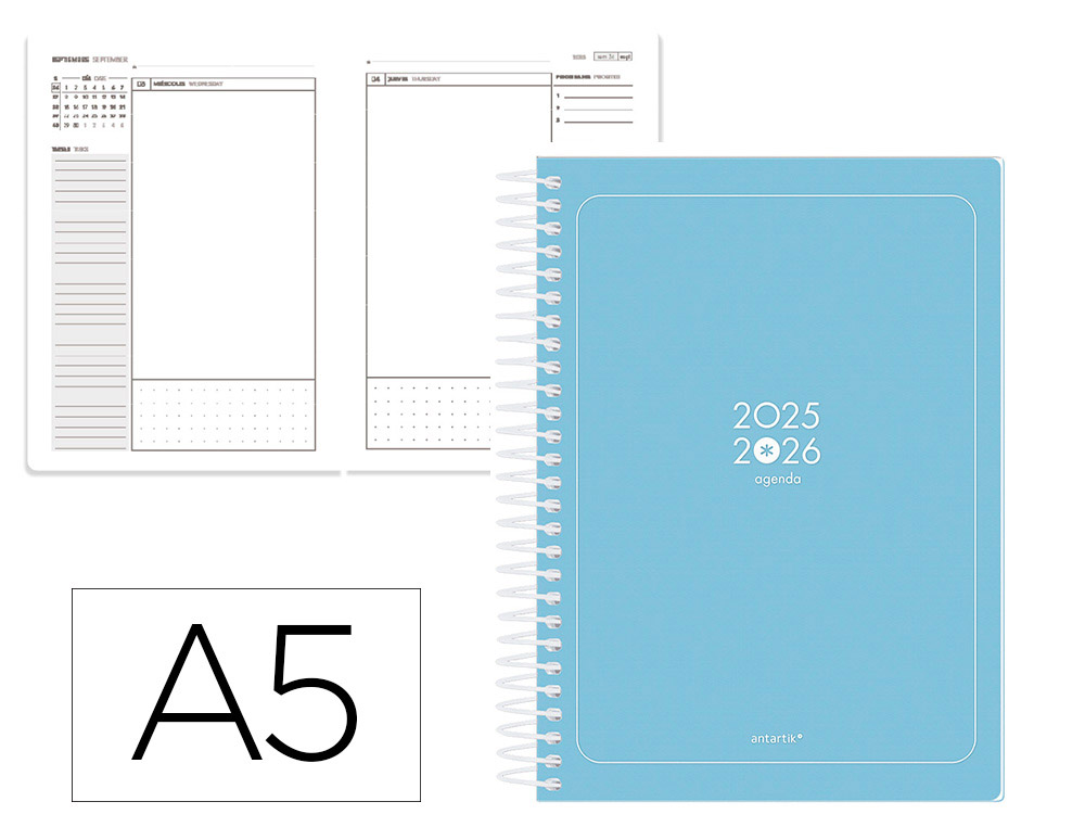 AGENDA ESCOLAR ANTARTIK 25-26 ESPIRAL ESSENTIALS AZUL DIA PAGINA A5 BILINGE PAPEL FSC 80 GR