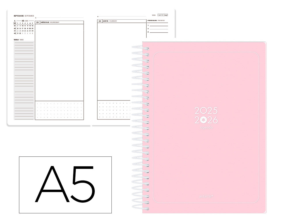 AGENDA ESCOLAR ANTARTIK 25-26 ESPIRAL ESSENTIALS ROSA DIA PAGINA A5 BILINGE PAPEL FSC 80 GR