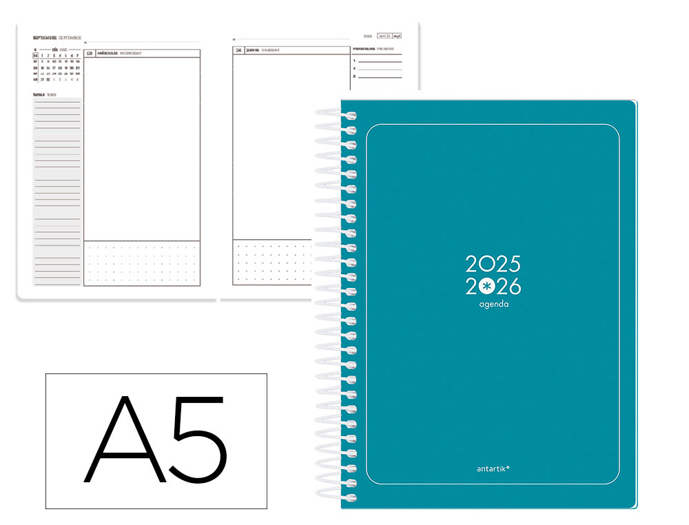 AGENDA ESCOLAR ANTARTIK 25-26 ESPIRAL ESSENTIALS AZUL OSCURO DIA PAGINA A5 BILINGE PAPEL FSC 80 GR