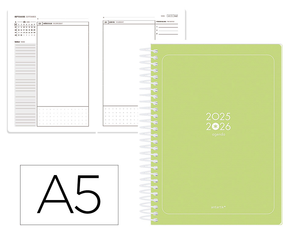 AGENDA ESCOLAR ANTARTIK 25-26 ESPIRAL ESSENTIALS VERDE LIMA DIA PAGINA A5 BILINGE PAPEL FSC 80 GR
