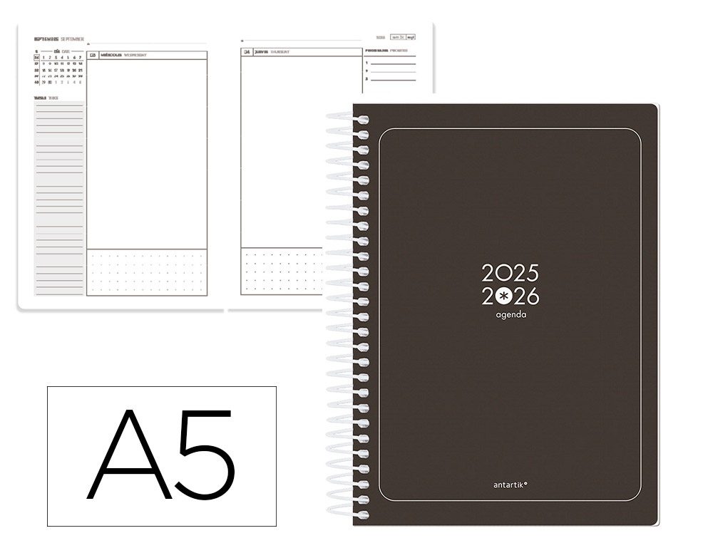 AGENDA ESCOLAR ANTARTIK 25-26 ESPIRAL ESSENTIALS NEGRO DIA PAGINA A5 BILINGE PAPEL FSC 80 GR