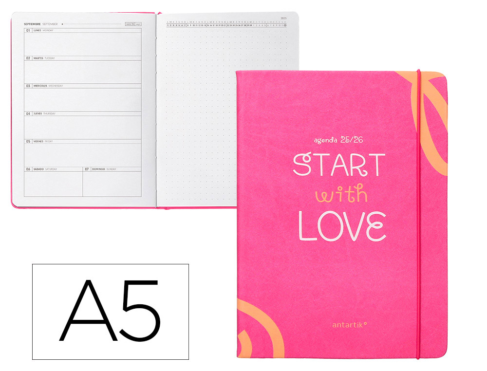 AGENDA ESCOLAR ANTARTIK 25-26 ENCUADERNADA GO! SIMIL PIEL FUCSIA SEMANA VISTA A5 BILINGE PAPEL FSC 80 GR