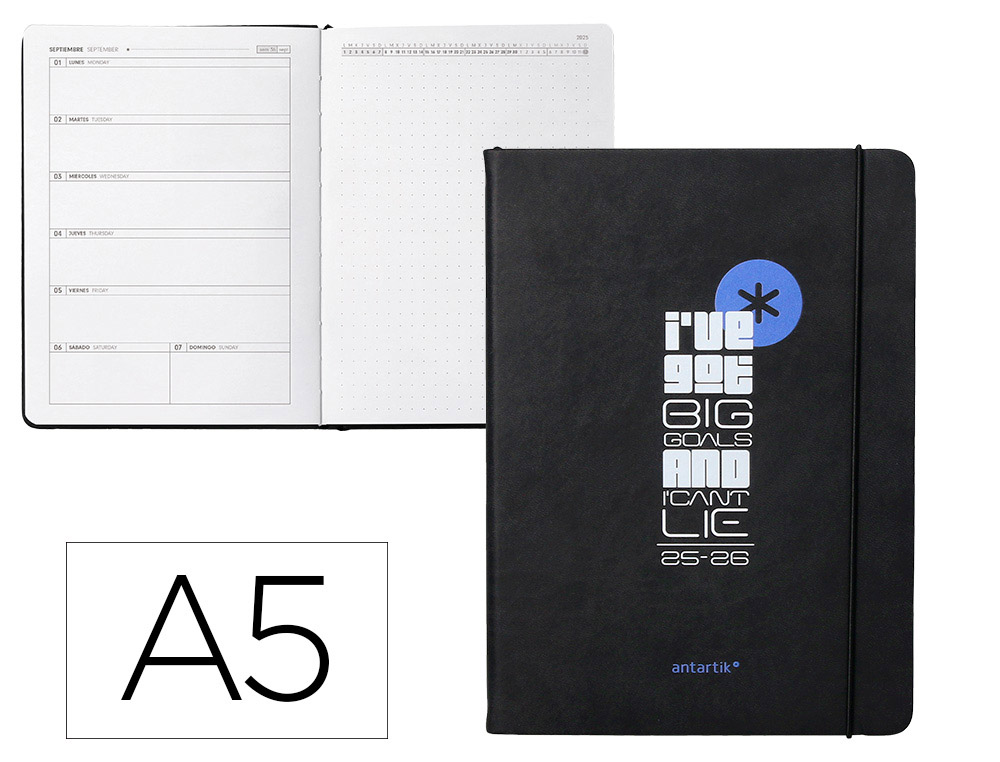 AGENDA ESCOLAR ANTARTIK 25-26 ENCUADERNADA GO! SIMIL PIEL NEGRO SEMANA VISTA A5 BILINGEPAPEL FSC 80 GR