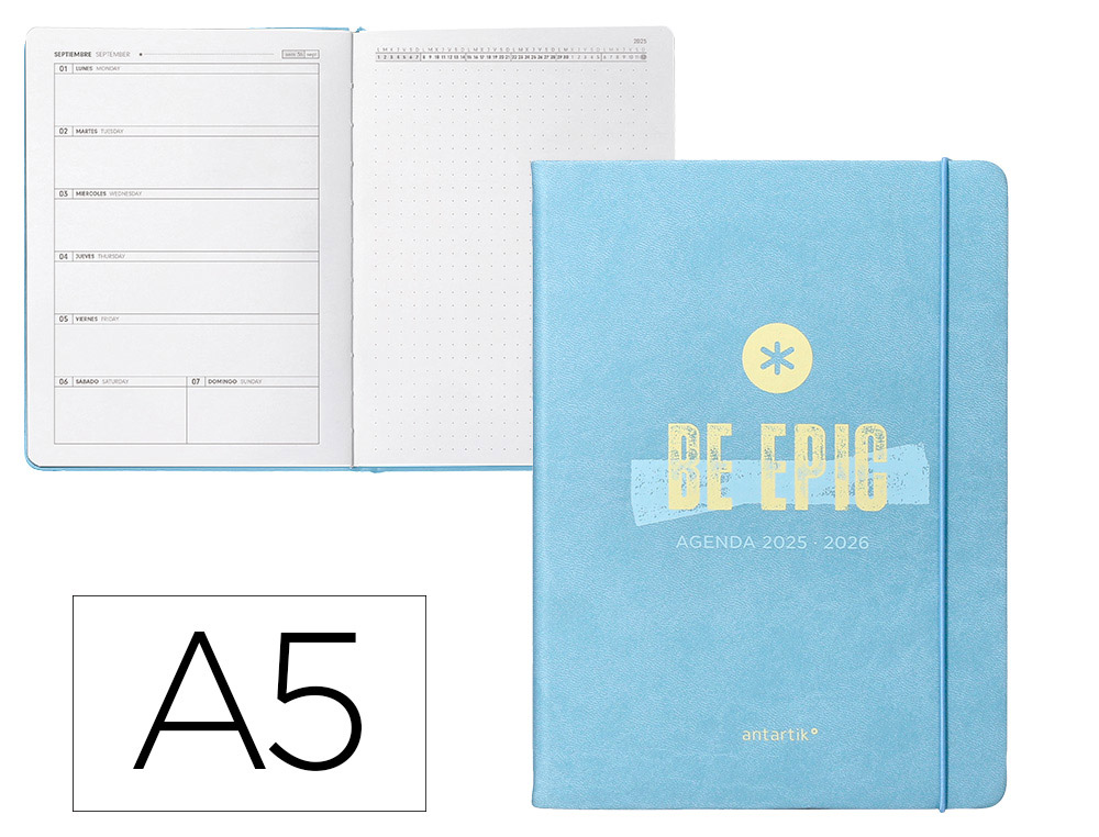 AGENDA ESCOLAR ANTARTIK 25-26 ENCUADERNADA GO! SIMIL PIEL AZUL SEMANA VISTA A5 BILINGE PAPEL FSC 80 GR