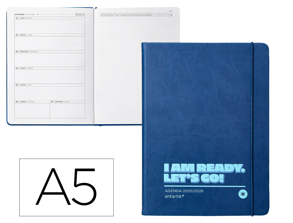 AGENDA ESCOLAR ANTARTIK 25-26 ENCUADERNADA GO! SIMIL PIEL AZUL OSCURO SEMANA VISTA A5 BILINGE PAPEL FSC 80 GR