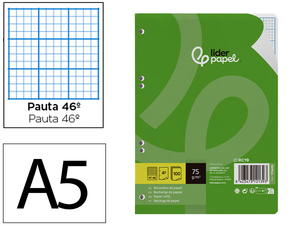 RECAMBIO LIDERPAPEL DIN A5 100 HOJAS 75 GR RAYADO N 46 6 TALADROS